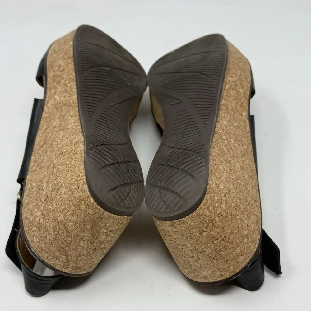 Clarks Rosemund Dune Platform Wedge Sandals Womens 8.5 Black Slingback Boho Chic